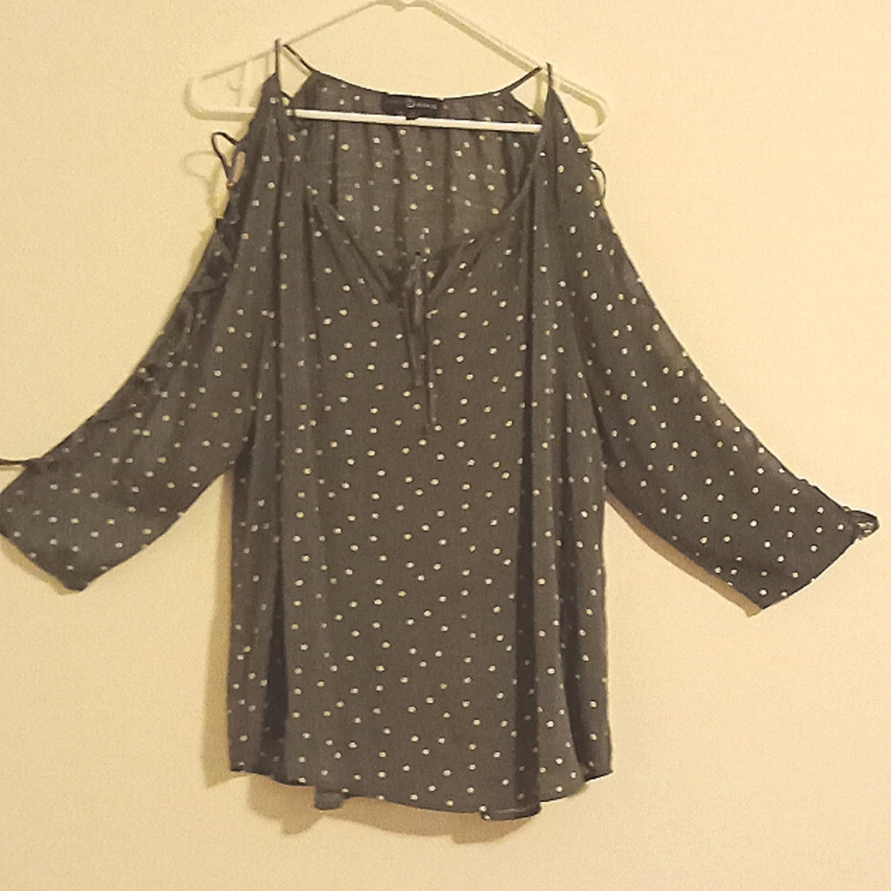 FRED DAVID Women's Grey/White polka dot open long sleeve top blouse 1X